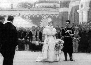 Император Николай II и императрица Александра Федоровна у Петровского дворца в день коронации 26 мая 1896 года. Художник И. Репин