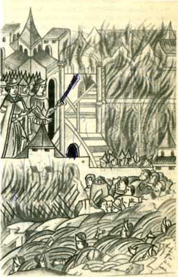 Восстание в Твери против татарского посла Чол-хана  1327 г. Миниатюра из Лицевого летописного свода XVI в.