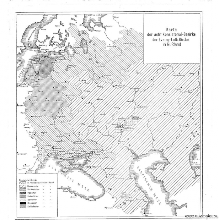 Karte der acht Konsistorial-Bezirke der Evang.-Luth. Kirche in Russland