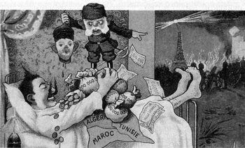 Агрессивные планы германского императора Вильгельма II: захватить Париж и французские колонии и обезглавить Россию. Французская карикатура.