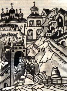 Увоз вечевого колокола из Новгорода в 1478 г. Миниатюра из Лицевого летописного свода XVI в.